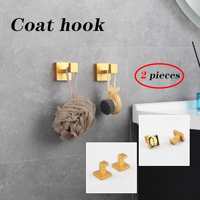 GERZWY Towel Hook Wall Mounted Robe Hook Heavy Duty Coat Hook Luxury Hooks for Bathroom 2 Pack Gold Stainless Steel FG1607-2BE