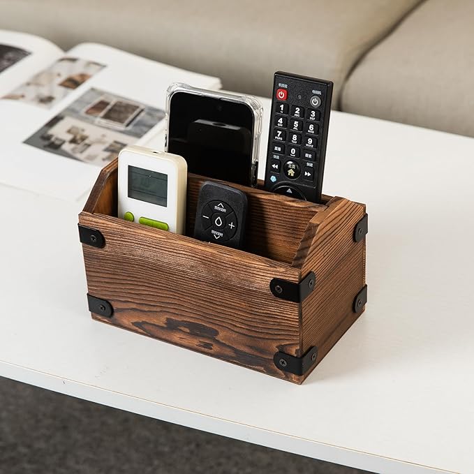Brown Torched Wood Remote Control Organizer Burnt Wooden Tabletop Storage Caddy Two Compartment Holder TV Game Consoles Cell Phone Kitchen Utensils Office Supplies Living Room Home Bedroom-NeatNest