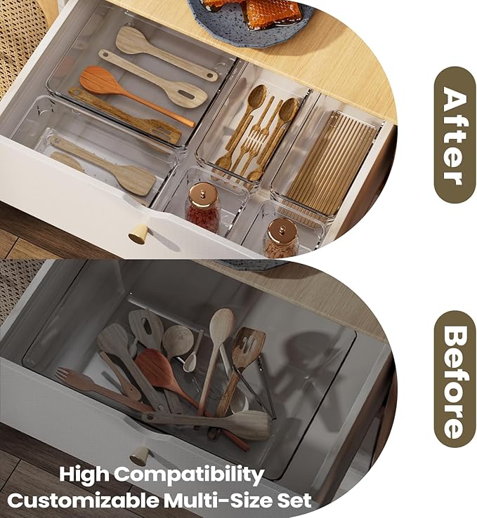 10 PCS Clear Plastic Drawer Organizer Set, 4 Sizes Acrylic Drawer Storage Trays Non Slip Storage Bins for Makeup, Jewelry, Gadgets for Kitchen, Bedroom, Bathroom, Office-NeatNest