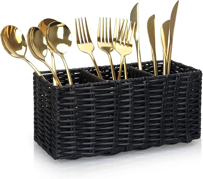 Ayiaren Wicker Silverware Cutlery Holder Black Flatware Utensil Caddy Best Silverwares Organizer Storage for Countertop Party Kitchen Utensils Holder Flatware Silverware Caddy Spoon and Fork Holders-NeatNest