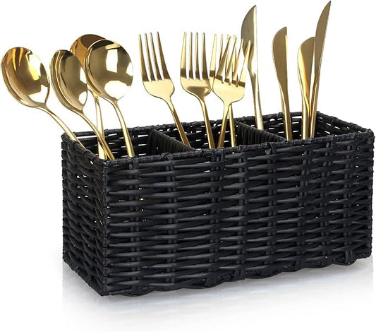 Ayiaren Wicker Silverware Cutlery Holder Black Flatware Utensil Caddy Best Silverwares Organizer Storage for Countertop Party Kitchen Utensils Holder Flatware Silverware Caddy Spoon and Fork Holders-NeatNest