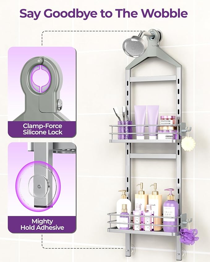 ODesign 2 Tier Height-Adjustable Shower Caddy Hanging Anti-Swing-Over The Shower Head Caddy-Storage Organizer Bathroom Shelves Basket-Silver