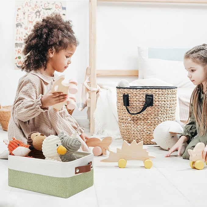 DULLEMELO Small Storage Basket, Fabric Collapsible Gift Storage Basket for Shelves, Closets, Nursery, Home, Office Organizing, Small Canvas Linen Rectangular Storage Bin with Handles (White&Green)-NeatNest