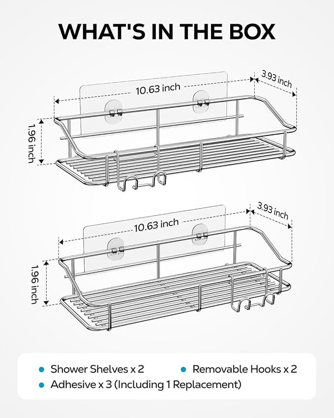 Nieifi Shower Caddy Shelf Storage Rack Adhesive Without Drilling Stainless Steel with Hooks for Washroom, Lavatory, Restroom, Toilet, Bathroom, Kitchen - 2 Pack-NeatNest