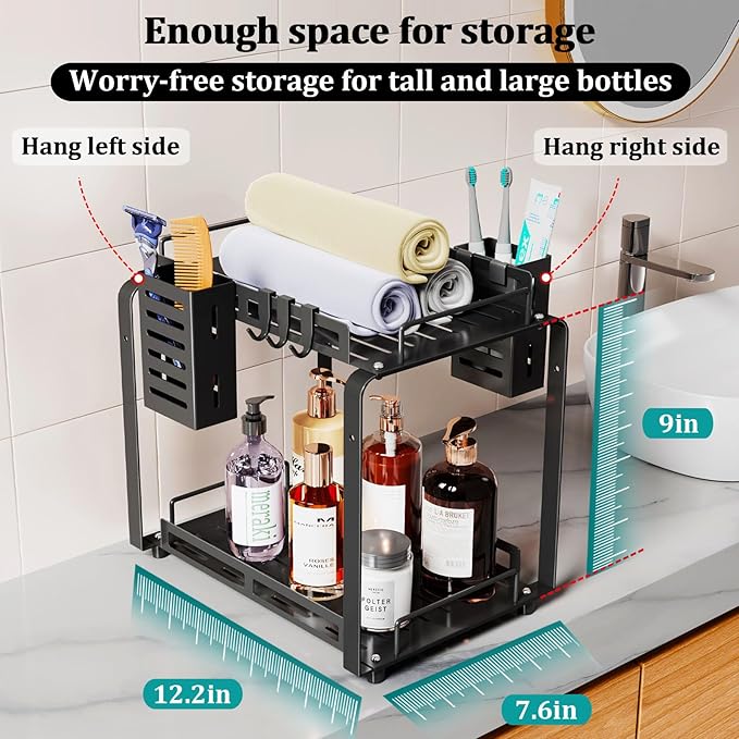 Bathroom Counter Organizer, Large 2 Tier Bathroom Countertop Organizer Rack with 2 Toothbrush Holder for Men, Metal Standing Toiletries Caddy Shelf, Black, 12.2''L x 7.6''W