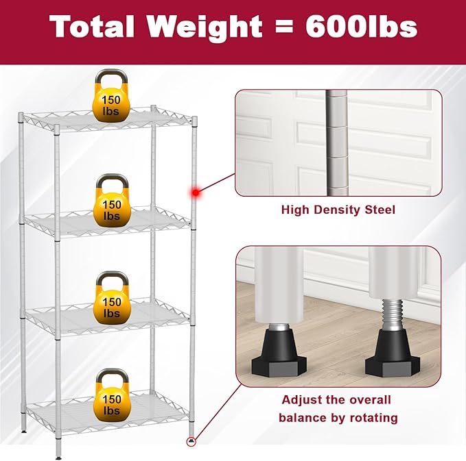 4-Tier Wire Shelving Unit 600 lbs Weight Capacity Storage Shelves Metal Frame Garage Shelves Easy Installation Metal Shelves for Home Kitchen Garage Pantry, 12" Dx18 Wx44 H, Chrome