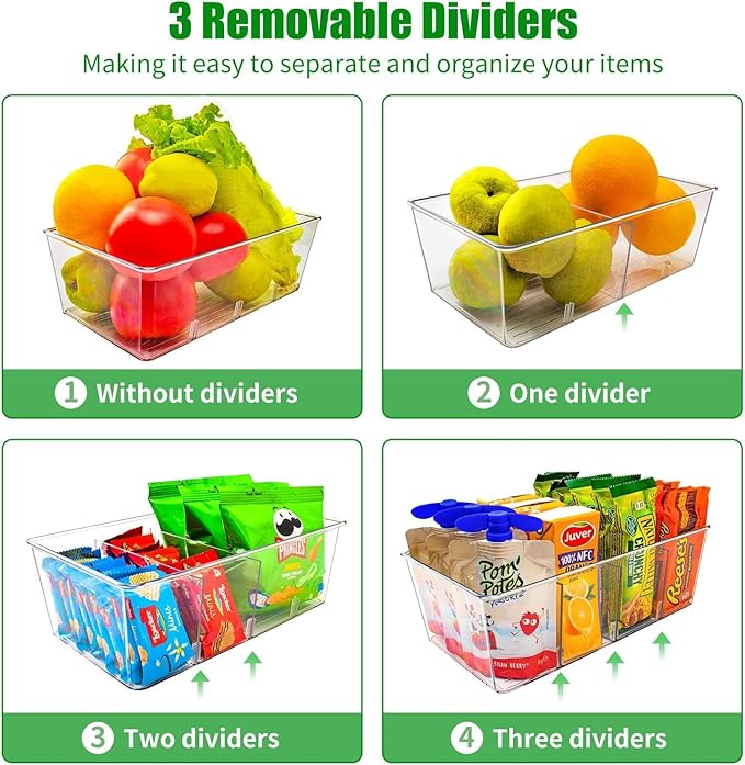 4 Pcs Clear Pantry Organizers and Storage,Plastic Storage Bins for Fridge with Removable Dividers, Kitchen Cabinet Organizers Ideal for Kitchen, Pantry, Refrigerator, Freezer, and Snack Storage-NeatNest