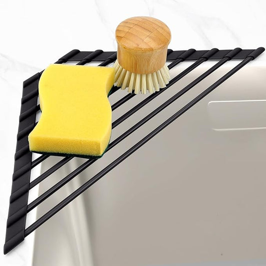 MERRYBOX Triangle Roll Up Dish Drying Rack Over The Sink, 2025 Anti-Rust Sink Drying Rack with Full Silicone Wrapped for Top of Sink Coner, Anti-Slip Organizer for Kitchen