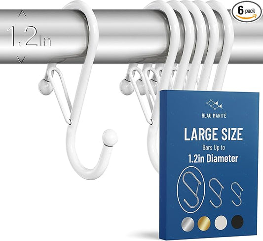 6-Pack Metal S Hooks for Hanging – Heavy-Duty S-Shaped Hook with Safety Buckle – Fits Bars up to 1.2 in – Anti-Drop S-Hooks for Closet, Wardrobes & Storage – White (Large)-NeatNest