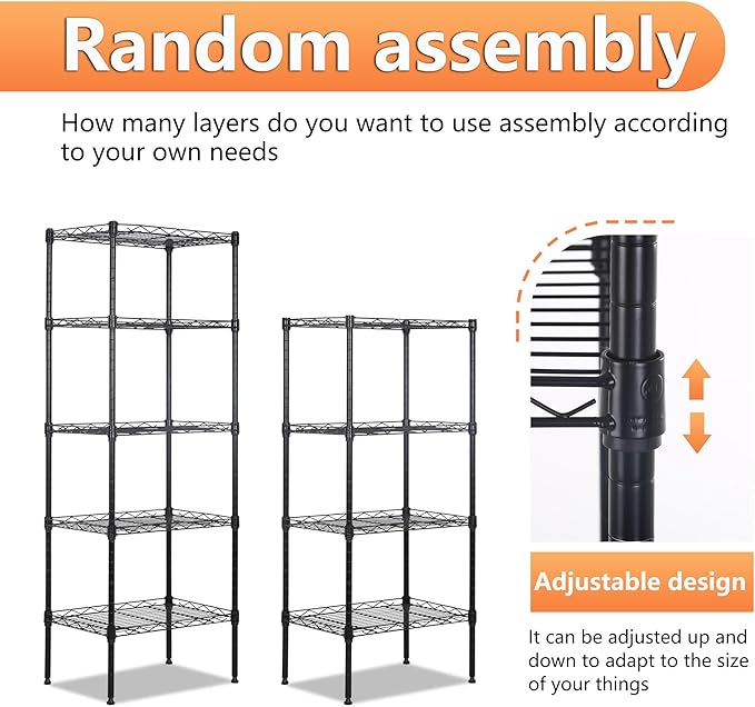 BestOffice 5 Tier Garage Shelving Heavy Duty Metal Shelves 17”D x 12”W x 48”H Easy Assemble Storage Shelves NSF Certified Wire Shelving with Leveling Feet for Garage Home Office, Black-NeatNest