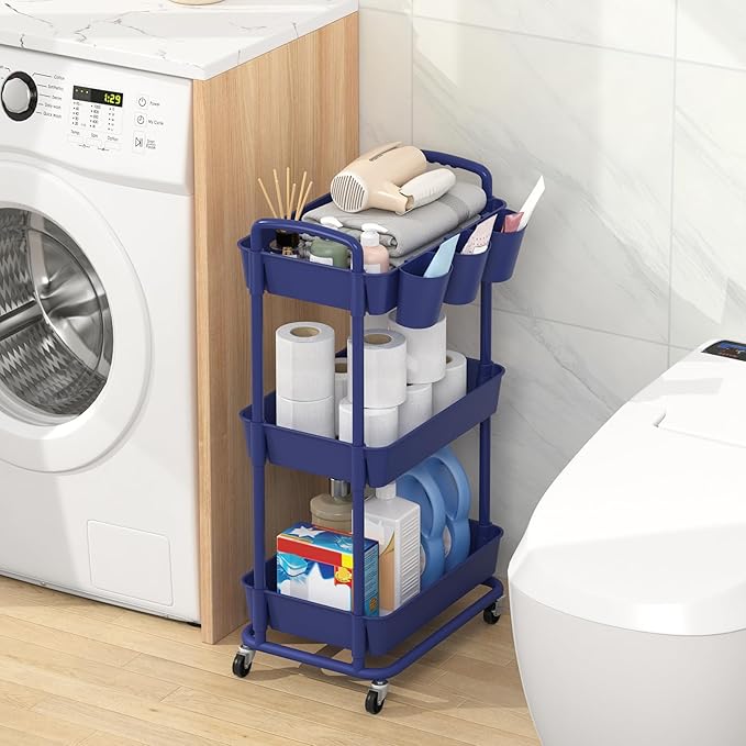 JIUYOTREE 3-Tier Plastic Rolling Storage Cart Utility Cart with Extra Hanging Cups Handles Lockable Wheels for Living Room Bathroom Kitchen Office Blue-NeatNest