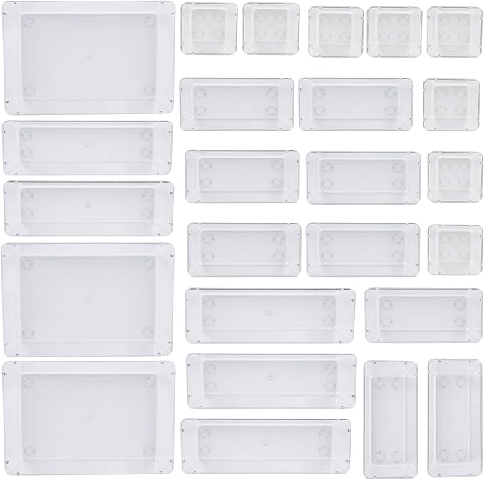 25 PCS Clear Plastic Drawer Organizer Set,Vanity Organizer Storage Bins Containers,4 Size Desk Drawer Organizer Tray-NeatNest
