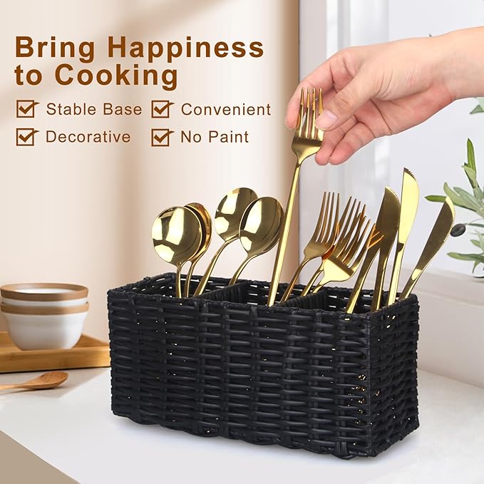 Ayiaren Wicker Silverware Cutlery Holder Black Flatware Utensil Caddy Best Silverwares Organizer Storage for Countertop Party Kitchen Utensils Holder Flatware Silverware Caddy Spoon and Fork Holders-NeatNest