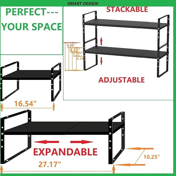 Expandable Stackable Spice Rack Cabinet Shelf Organizer in Cabinets Shelves Kitchen Cupboard Organization Stack up Racks Pantry Countertop Storage Large/Black 2 Packs