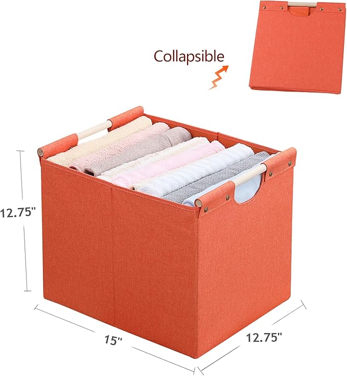 HOONEX Large Collapsible Storage Bins, Linen Fabric, Pack of 2, Storage Baskets with Wooden Carry Handles and Sturdy Heavy Cardboard, for Home, Office, Car, Nursery, Orange