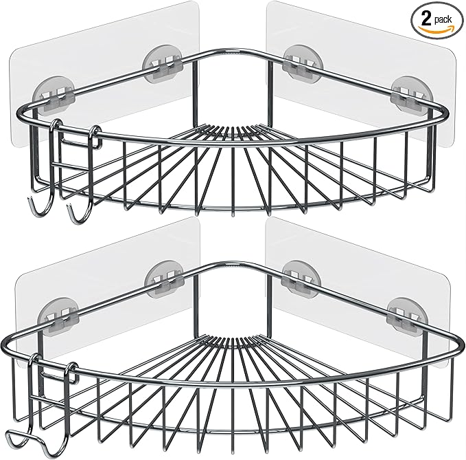 Shower Shelf for inside Shower, Shower Shelf Corner, Shower Corner Caddy, Adhesive Shower Caddy, Shower Wall Caddy, Stainless Steel Shower Caddy Suction No Drill 2 Pack Silver