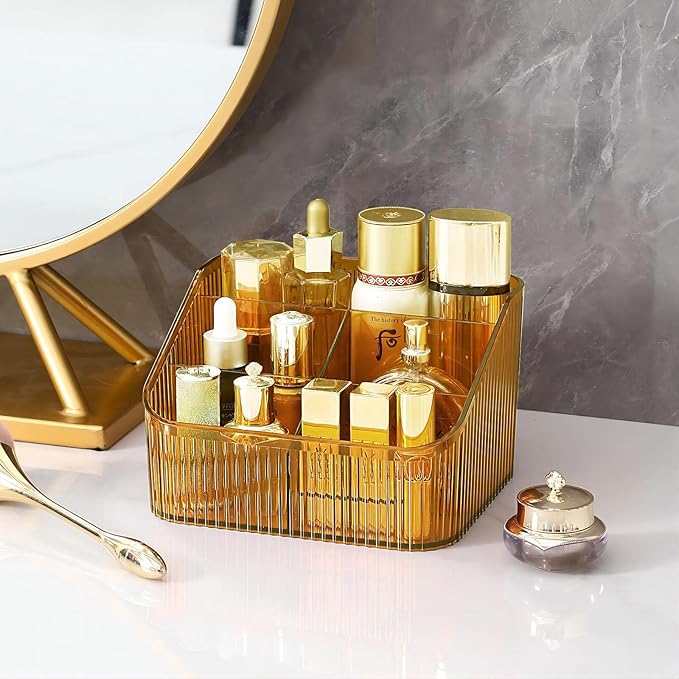 DASITON Large Capacity Makeup Brush Holder,5 Slot Makeup Brush Cup,Vintage striped Make Up Brush Holder,for Vanity Decor,Bathroom Countertops,Desk Storage Container,Cosmetic Display cases(Amber-L)-NeatNest