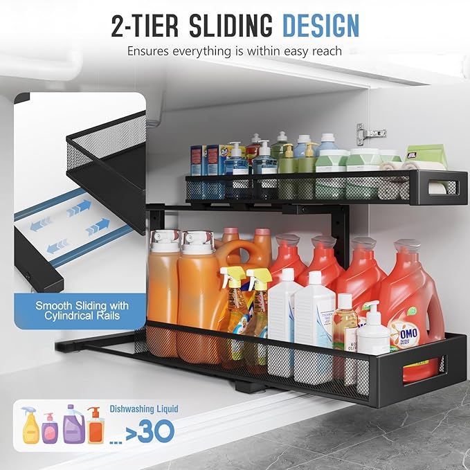 2 Pack 20.47IN Depth Under Sink Storage Organizer, Large 2-Tier Elegant Mesh Pull Out Shelf for Kitchen and Bathroom Cabinet Organization, L-Shaped and Adjustable Height Design-Black-NeatNest