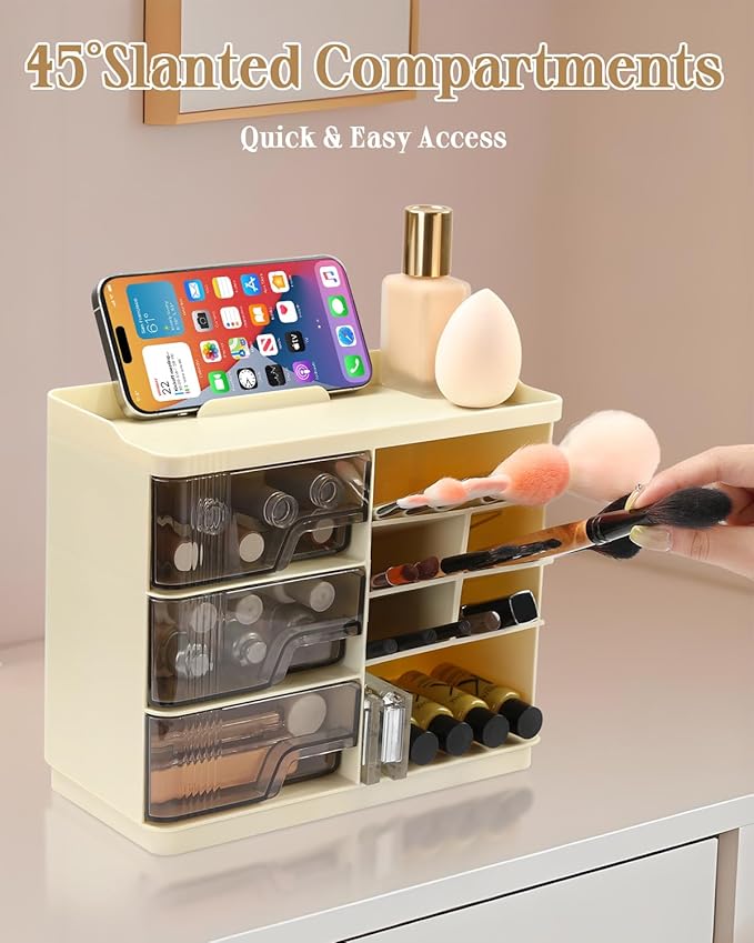 Makeup Organizer with Drawers&Phone Holder,Multi-Function Cosmetic Storage Organizer,Stackable Makeup Organizer Countertop for Makeup Brushes,Lipstick,Skincare and Bathroom Vanity Organization (Beige)-NeatNest