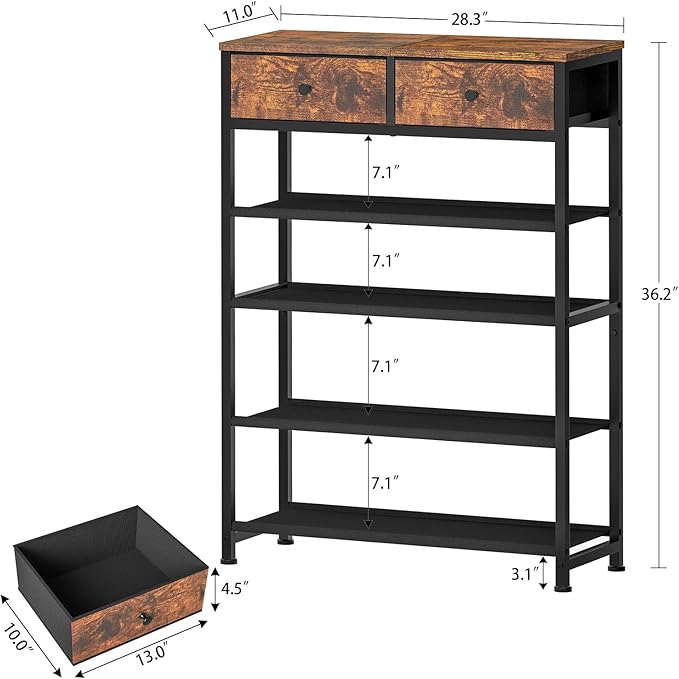 usikey Shoe Rack, 5 Tier Shoe Storage Organizer with 2 Drawers, Metal Shoe Shelf for 12-16 Pairs of Shoes, with 4 Fabric Shelves and Wooden Top, Shoe Stand for Closet Entryway, Rustic Brown-NeatNest