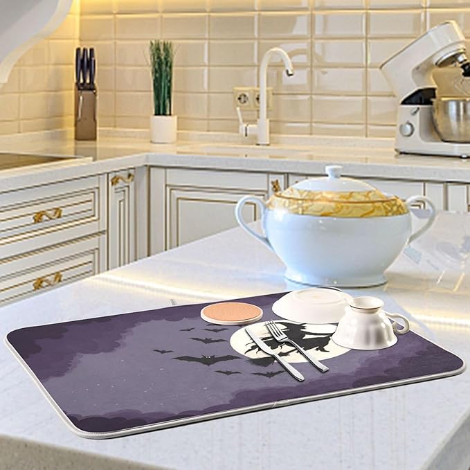 Halloween Flying Witch Drying Matt Absorbent Kitchen Mat Dishes Drying Mat Xl 18 x 24 Dish Drainer Mat for Kitchen Counter Dish Drying Matt