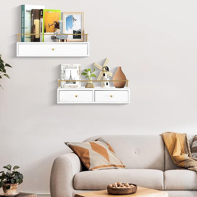 Floating Shelves for Wall Storage, Wall Mounted Bathroom Shelf with Drawers Set of 2, Rustic Wood Floating Drawers for Living Room, Kitchen, Wall Decor, Plants, Books, White-NeatNest