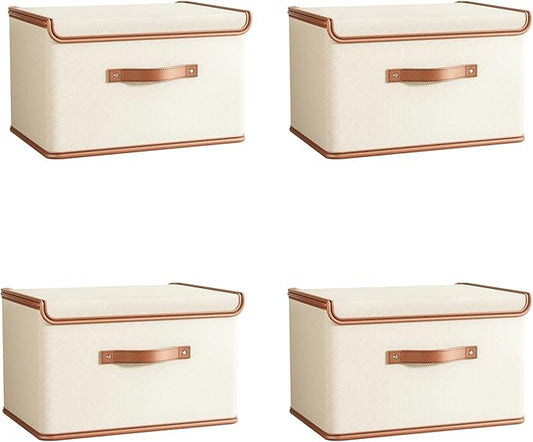 Tuza 4 Pack Storage Bins with Lids, Collapsible Closet Organizer Container, Fabric Organizer Box with Handles, Decorative Storage Boxes with Lids for Organizing Clothes, Books, File, White, Large-NeatNest