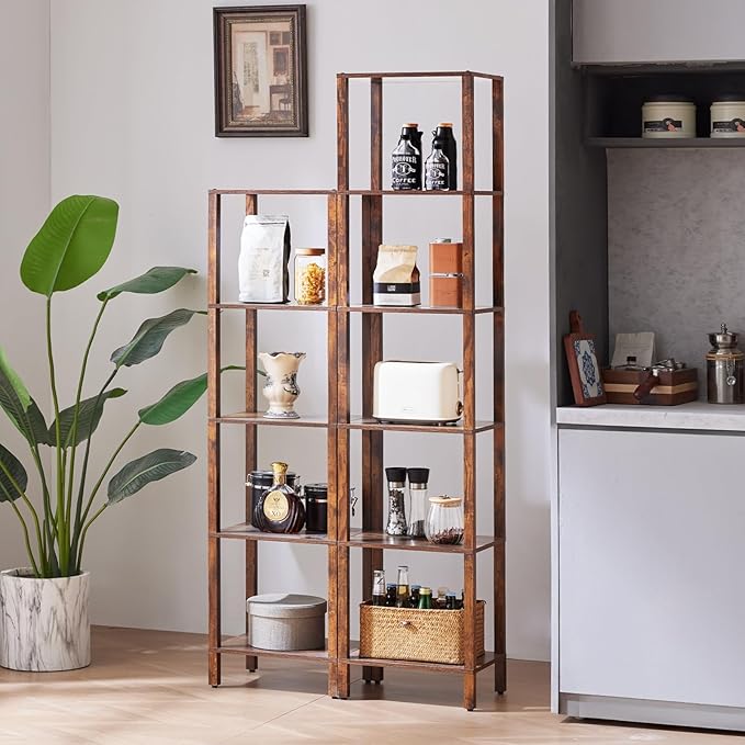 54in Tall Bookshelf 5-Tier Small Narrow Bookcase, Skinny Book Shelf for Small Space, Farmhouse Slim Shelf with Storage, Wood Freestanding Display Thin Bookshelves for Living Room, Office, Brown