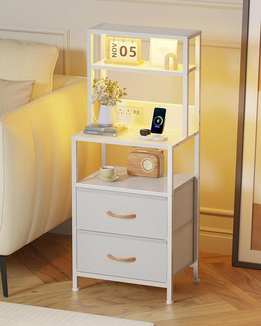 Furnulem Night Stand, Tall Bed Nightstand with 4-Tier Shelves, 2 PU Fabric Drawers and Light Tube, Bed Side Tables with Charging Station, Bedside Table for Bedroom, White