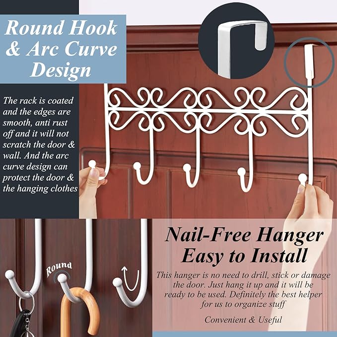 Over The Door Hook,Over Door Towel Rack,Over Door Coat Rack,Door Hanger Hook，Clothes,Belt, Hat,Behind Back of Bathroom, Towel Hanger 5 Hooks,White.