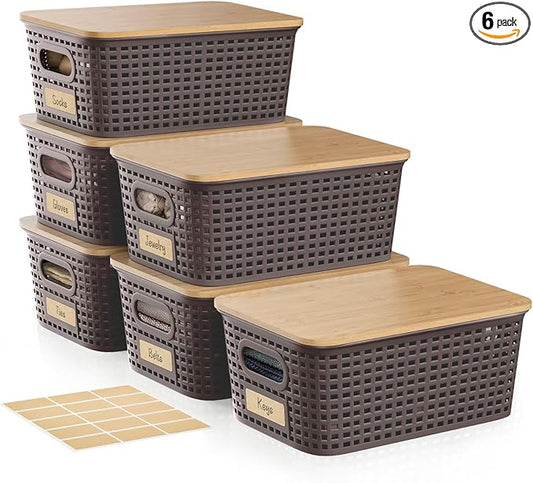 6-Pack Stackable Storage Bins with Bamboo Lids, Small 5 Qt Decorative Plastic Storage Baskets Boxes Containers with Labels for Organizing Shelves Classroom Closet Office Bathroom, Brown-NeatNest