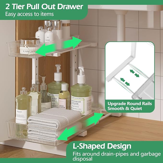 ADRIMER Under Sink Organizer 2 Packs, Pull Out Kitchen Sink Organizer, 2 Tier Slide Out Kitchen Organizers and Storage Bathroom Under Cabinet Storage Shelf, Transparent & White-NeatNest