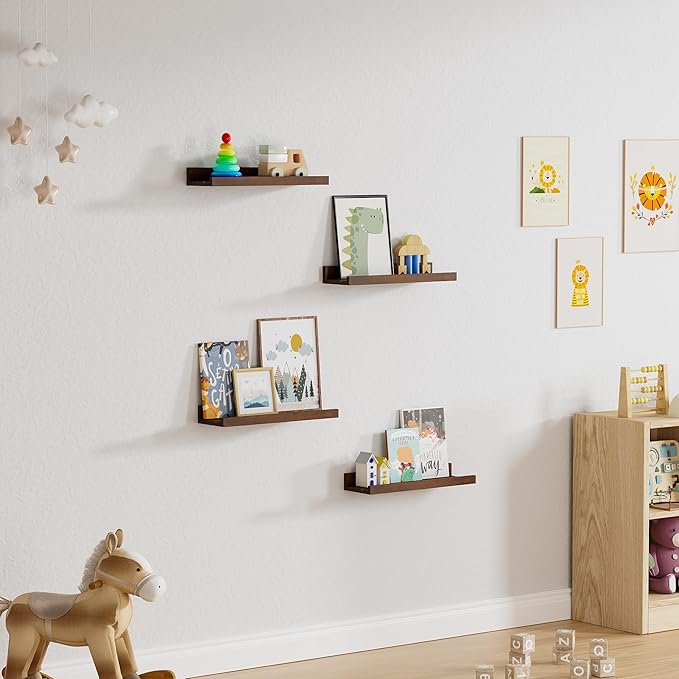 Floating Shelves for Wall, 16 inch Solid Wood Picture Ledge Shelf, Picture Shelf for Wall with Ledge, Floating Book Shelves for Living Room Bedroom Kitchen Nursery Decor, Walnut, Set of 2-NeatNest