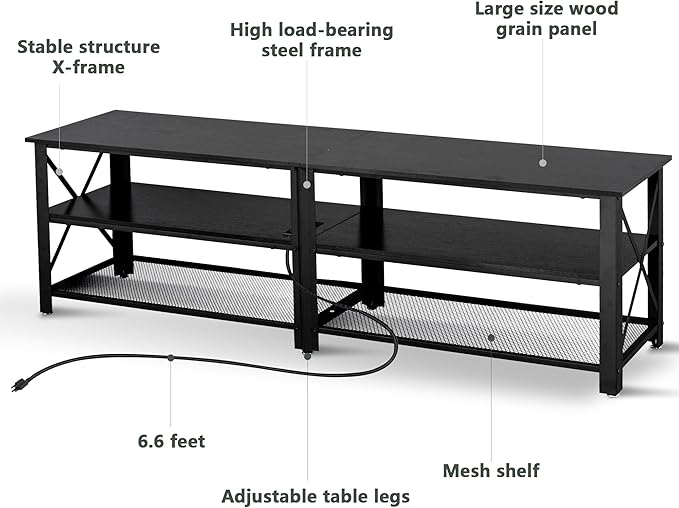 Clikuutory Modern Black 63 inch Metal TV Stand with LED Lights and Power Outlets for 40 50 55 60 65 70 Inch TVs, 3 Tier Television Stands with Entertainment Center and Storage for Living Room, Bedroom-NeatNest