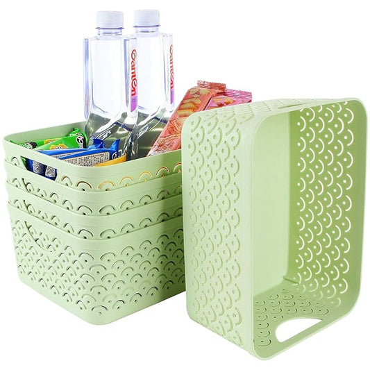 5 Pack Plastic Storage Baskets, Portable Green Fish Scale Pattern Hollow Desktop Storage Bin Box with Handle for Kitchen, Bathroom, Kids Room or Nursery Storage – 9.4 x 7.1 x 4.1 inches