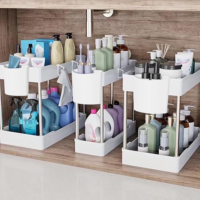 3 Pack Under Sink Organizers and Storage, 2 Tier Bathroom Cabinet Organizer Shelf with Hanging Cups for Kitchen & Bathroom (White)-NeatNest