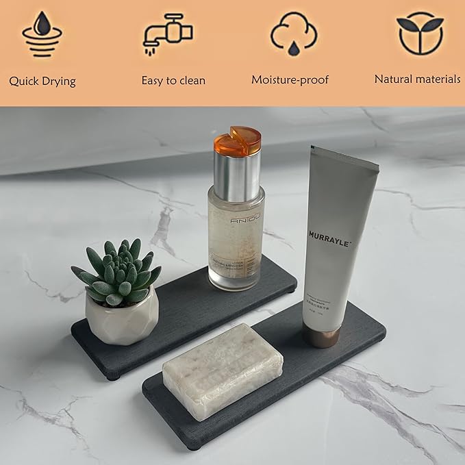 2 Pcs Water Absorbing Stone Trays, Kitchen/Bathroom Sink Soap Dish, Diatomite Tray Used for Hand Soap & Cosmetic Bottles in The Modern Home, 3.15" W x 8.7" L, Dark Gray-NeatNest