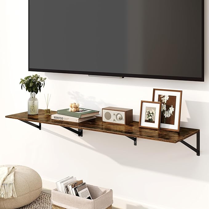 Fun Memories Floating Shelves for Wall, 12 Inch Deep Floating Shelves Set of 2, 16W x 12D Large Wall Shelf with Sturdy Metal Brackets for Living Room, Bathroom, Bedroom and Kitchen, Rustic Brown-NeatNest