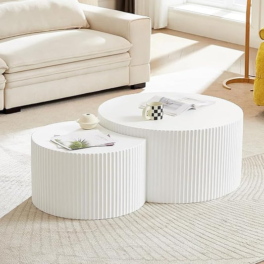 Round Wood Coffee Table Set of 2 Modern Circle Nesting Coffee Table Handcrafted Drum Nesting Table Nesting Coffee Tables for Living Room for Small Space (Cream (D27.56+D19.69 inch))