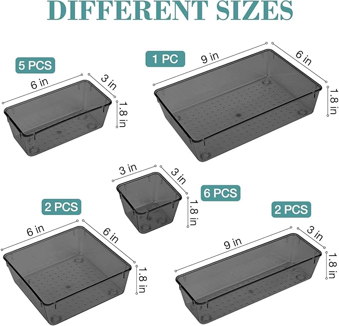 16 PCS Drawer Organizer Set, 5 Varied Size Bathroom and kitchen Drawer cabinet organizer Trays, Clear Storage Bins for Makeup, Jewelry, Utensils and Gadgets, Black-NeatNest