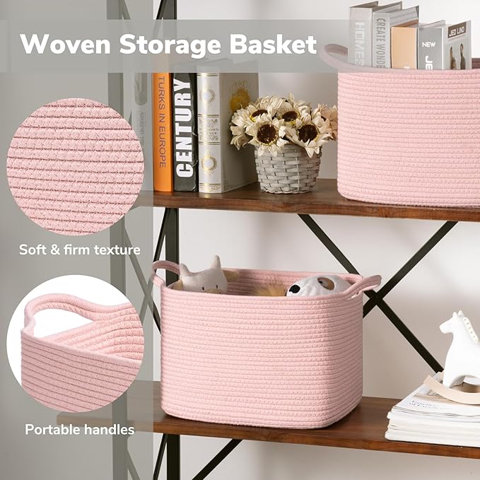 INDRESSME Pink Storage Basket, Multipurpose Organizer for Nursery, Toys, Laundry & Blankets | Square Home Decor Basket with Handles, 13" x 10" x 9"