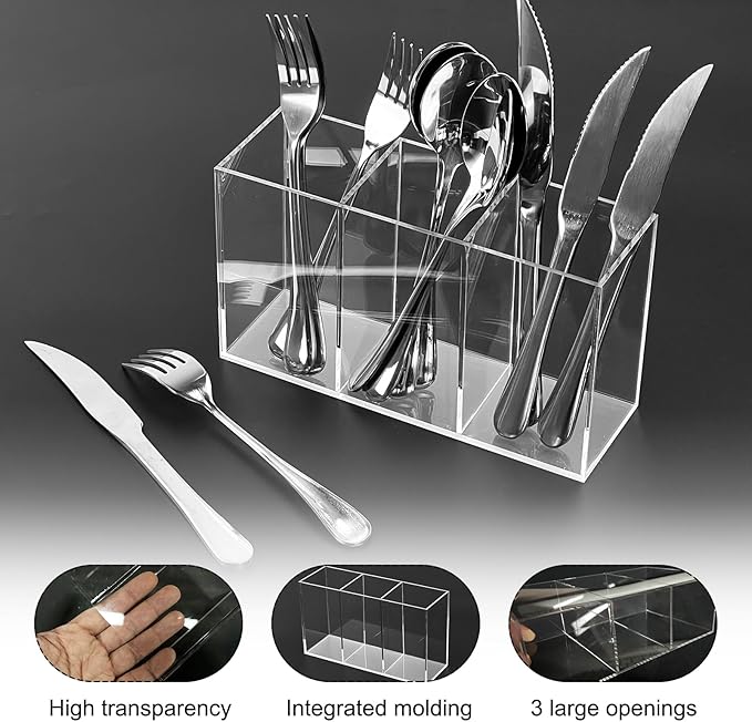 Clear Acrylic Cutlery Storage Organizer, Plastic Cutlery Utensil Holder Storage Organizer Caddy for Kitchen Countertop Organization, Holds Fork, Knife, Spoon, Pen, Silverware Tableware Storage Box-NeatNest
