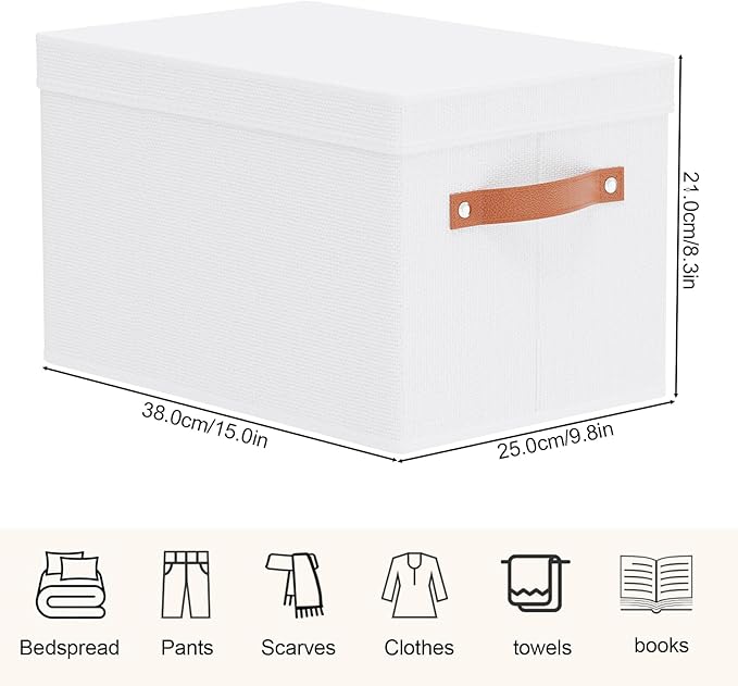 Fabric Storage Bins, Clothes Boxes for Shelves with Lids, Baskets for Organizing with Handles, Decorative Linen Closet Organizers, White, 3 Pack, 15 x 9.8 x 8.3 Inch-NeatNest