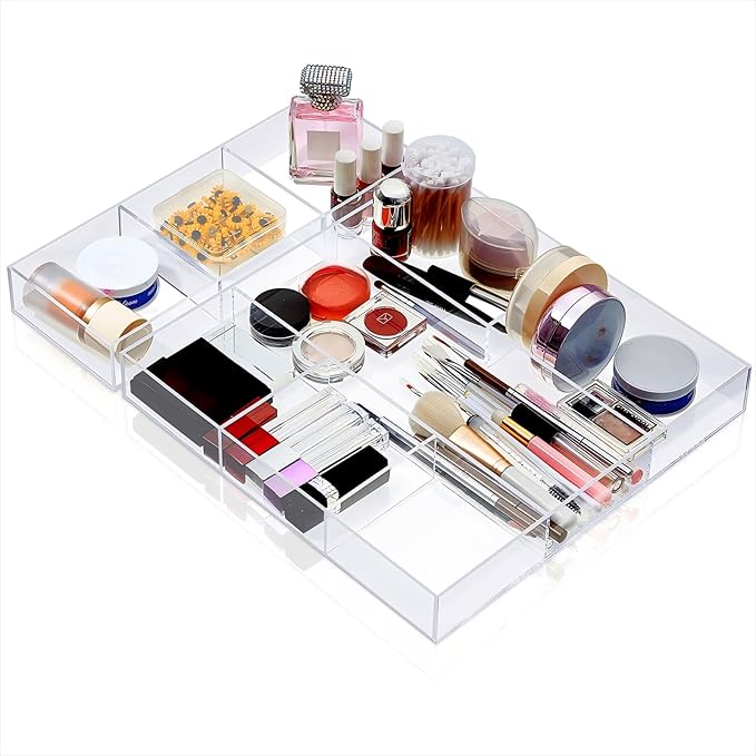 Chunful Clear Drawer Organizer 2 Pieces 6 Section Clear Desk Organizer with Dividers 3 Section Acrylic Makeup Tray Divided Drawer Inserts Sectioned Tray Makeup Storage-NeatNest