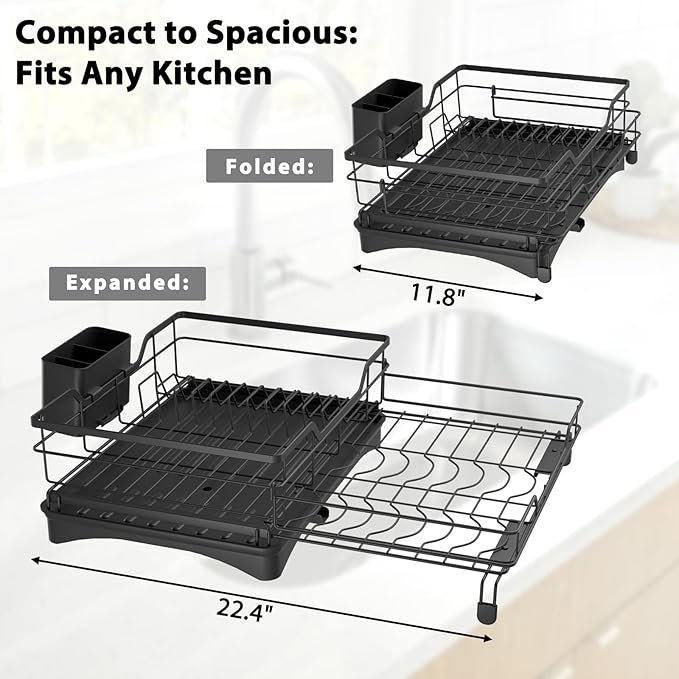 Expandable Dish Rack for Kitchen Counter:2 in 1 Large Dish Drying Rack with Cutlery Holder for Drying Plates Bowls Cups -Kitchen Drying Storage for Family of 3-4 Persons