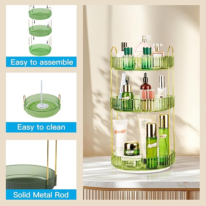 360 Rotating Makeup Organizer - Large Capacity Spinning Perfume & Cosmetic Skincare Holder for Vanity & Countertop (Gem Green, 3 Tier)-NeatNest