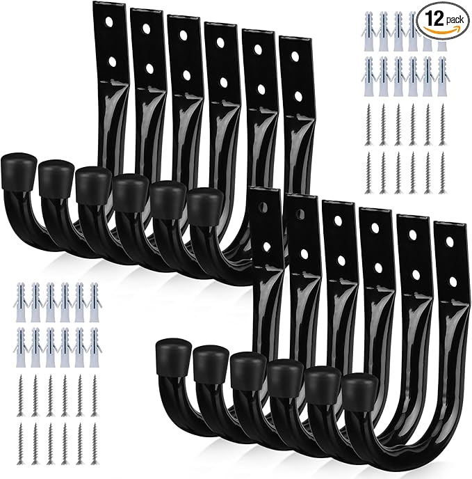 Heavy Duty Garage Storage Hooks, 12-piece Bike Hooks for Garage Wall, Utility Garage Hooks, Wall Mount J Hook for Hanging, Large Metal Storage Organizer Tool, Extension Cord Hanger-NeatNest