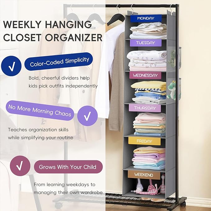 VERONLY Weekly Hanging Closet Organizer for Kids, 6-Shelf Clothes Storage with Labeled Days of The Week Monday Through Friday, Weekday and Weekend, Days of The Week Clothes Organizer-NeatNest