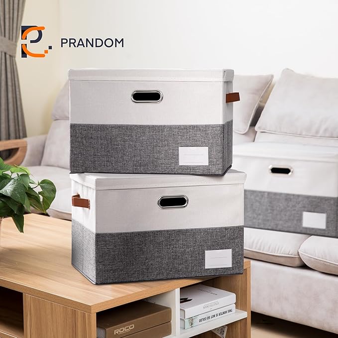 PRANDOM Foldable Storage Bins with Lids [3-Pack] Fabric Collapsible Storage Boxes Baskets Cubes Containers with Handles for Closet Living Room Bedroom (Grey & White 17.7x11.8x11.8'')-NeatNest