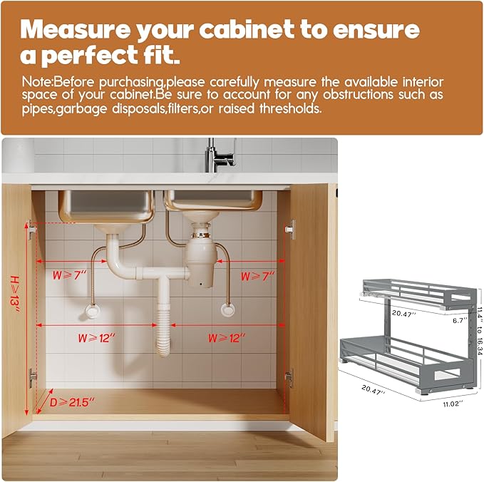 2-Pack 20.47"Deep Under Sink Organizer And Storage,2-Tier L-Shaped Pull Out Cabinet Organizer with Upgraded Slide Rails,Height Adjustable Drawers for Kitchen&Bathroom,Extra-Large Storage Shelves–Gray-NeatNest